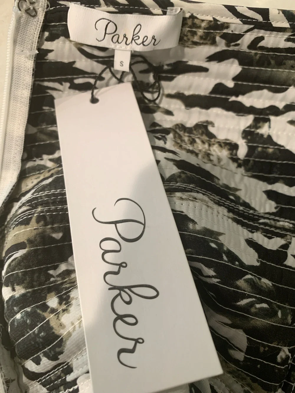 Parker Strapless Tidal Camo Patterned Ruffle-Hem Mini Dress S retail $297 - Picture 3 of 7